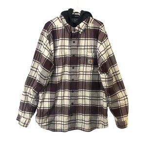 Carhartt Mens XLT Relaxed Fit Hooded Plaid Shacket Burgundy/White Cotton Blend